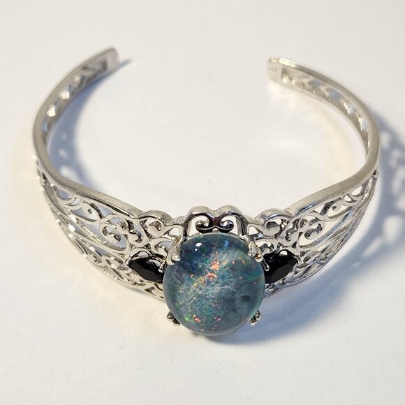VTG Natural Opal & Onyx Platinum Clad Open Cuff Filigree Ornate Bracelet - Picture 11 of 15